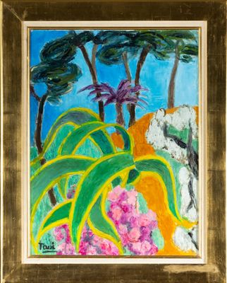 une reproduction d'un tableau représentant des arbres et des fleurs, dans un cadre doré