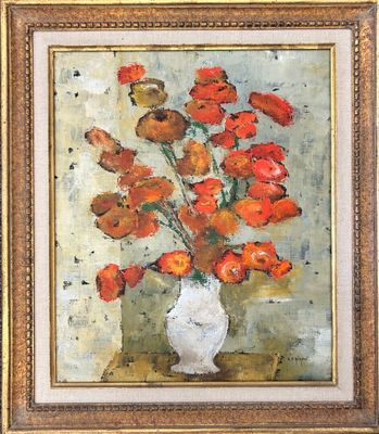 painting of red flowers in a white vase on a table
