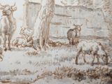 a drawing of cows in a field by a tree