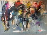 a painting of a group of people riding horses