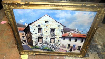 a picture of a painting of a building on the ground