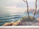 a picture of a painting of a tree by the water