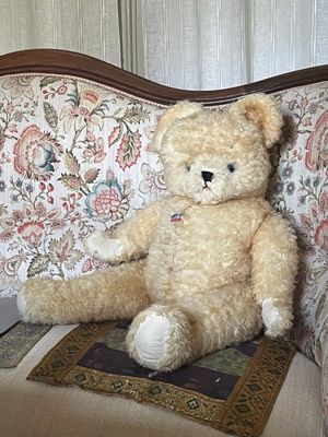un ours en peluche assis sur un canapé