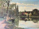 un tableau représentant un tableau d'une rivière avec une maison au loin