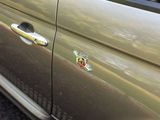 a close up of a car door handle with a sticker on it