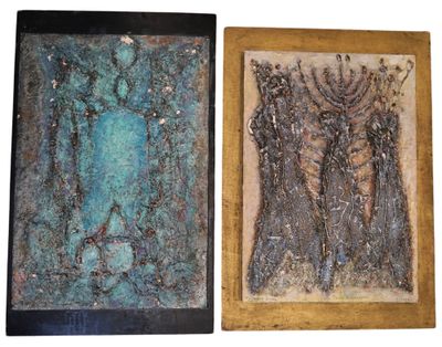 deux tableaux représentant un homme et une femme sur fond blanc