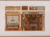 an image of a drawing of a room with a fireplace and a chandelier