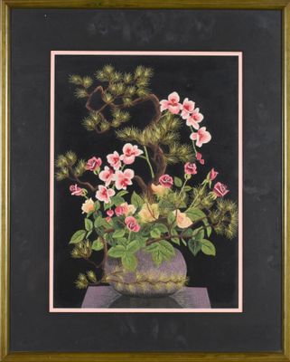 painting of a bonsai tree with pink flowers in a vase