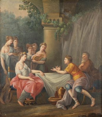une image d'un tableau représentant un groupe de personnes assises autour d'une table