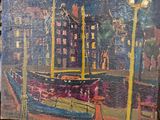 an oil painting of a boat on a body of water