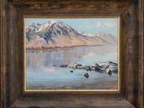 an oil painting of a lake with rocks and mountains in the background