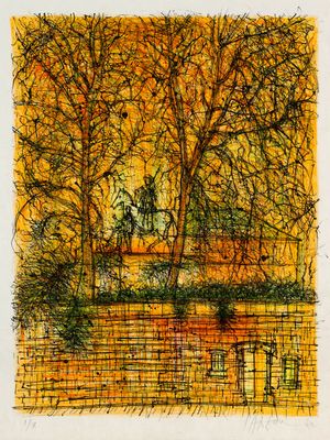 an image of a drawing of trees and a bench in a park