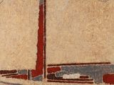 an image of a painting of a sailboat with a red sail