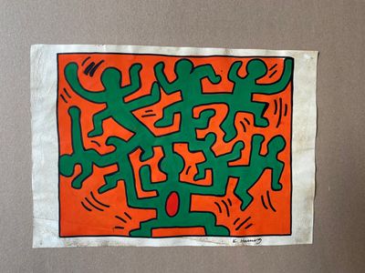 Keith HARING (1958-1990) Acrylique et marqueurs sur vieux pa…
