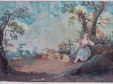 painting of a woman sitting on a hill in a wooded area