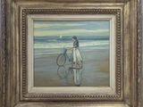 a painting of a woman with a bicycle on the beach