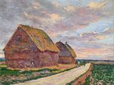 une peinture à l'huile représentant une ferme avec deux toits de chaume et un chemin de terre
