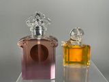 two bottles of perfume sitting on a clear shelf