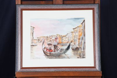 aquarelle encadrée représentant une gondole, posée sur un chevalet en bois