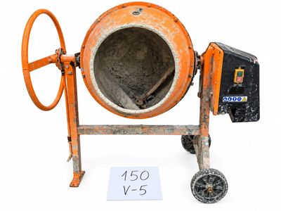 cement mixer on wheels with a sign stating 150 v - 5