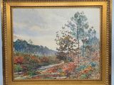 un tableau représentant une rivière avec des arbres et des buissons au premier plan