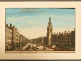 painting of a view of a city street with a clock tower in the background