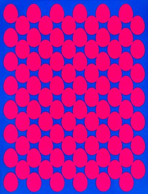 une peinture représentant des cercles rouges et bleus sur un fond bleu