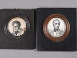 two framed portraits of two men, one of whom is a gentleman and the other of whom is a woman