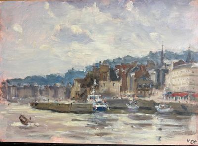 une peinture représentant une scène portuaire avec des bateaux sur l'eau