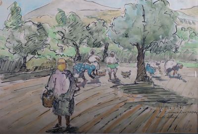 painting of a woman walking down a dirt road with a basket on her shoulder
