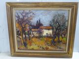 une peinture à l'huile représentant une scène de ferme avec une maison à l'arrière-plan