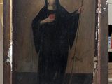 an old painting of a woman holding a book in a room