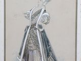 a drawing of a woman in a dress with a feathered headpiece
