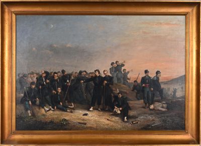 a painting of a group of men standing in front of a building