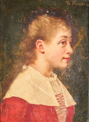 tableau représentant une femme en robe rouge à col blanc