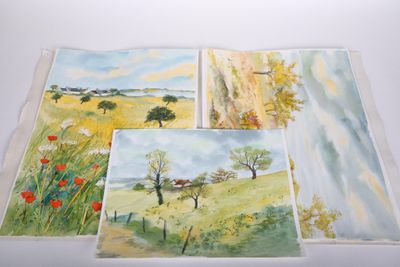 four watercolor paintings of a field with poppies and trees