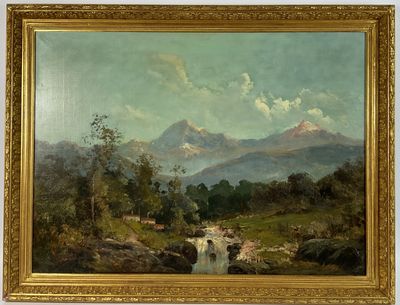 an image of a painting of a mountain scene with a stream