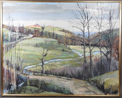 un tableau représentant un paysage avec une rivière au centre