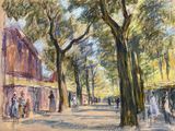 a painting of a street scene with people walking by