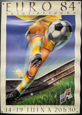 a poster of a soccer player kicking a soccer ball