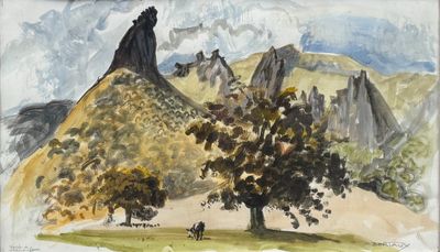 une aquarelle représentant une montagne avec un arbre au premier plan