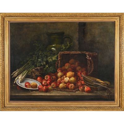 une image représentant un tableau où l'on voit des pommes et d'autres fruits posés sur une table