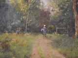 a painting of a woman walking down a dirt road