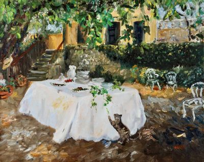 un tableau représentant une table recouverte d'une nappe blanche