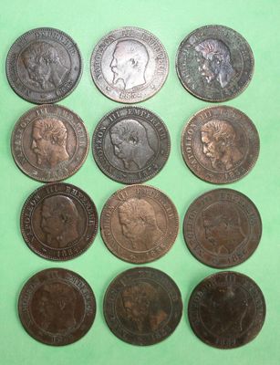 six different types of coins on a green surface