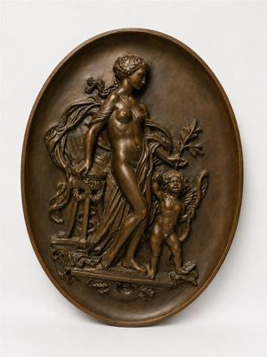 plaque en bronze représentant une femme et un chien, posée sur un socle