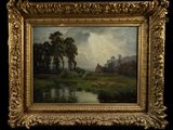 an image of a painting of a landscape with a river in the foreground