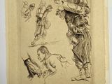 an old drawing of a man with a hat standing next to other men