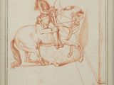 un vieux dessin représentant un homme à cheval, une épée à la main