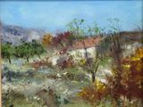 an oil painting of a landscape with a house and trees
